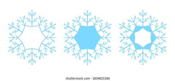 Conjunto de copos de nieve vectoriales. Tres iconos azules sobre fondo blanco. Tema de Navidad.