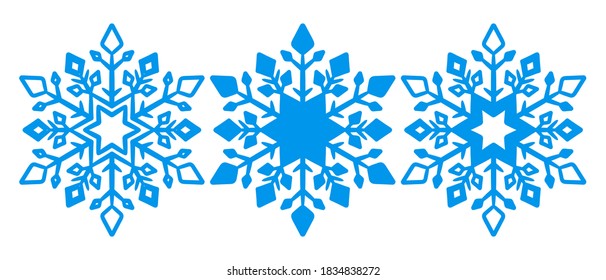 Set of vector snowflakes. Three blue icon on white background. Christmas theme.