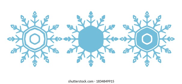 Set of vector snowflakes. Three blue icon on white background. Christmas theme.