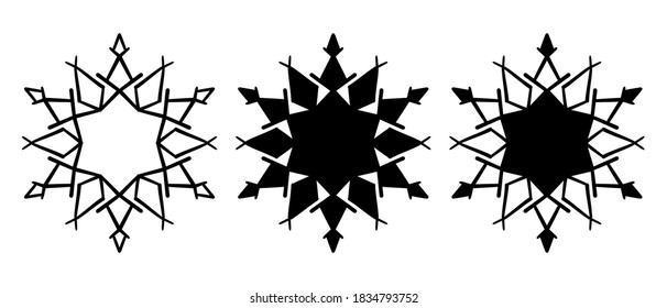 Set of vector snowflakes. Three icon. Black and white illustration. 