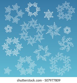 Set of vector snowflakes. Unusual, extraordinary snowflake. Christmas design. Isolated illustration on the blue background.