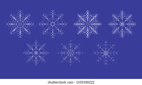 Set of vector snowflakes of various shapes for Christmas and New Year decoration. Isolated elements - the background can be removed or replaced. Great design for a variety of purposes.