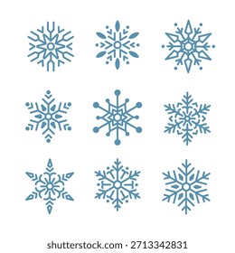 Conjunto de copos de nieve de Vector en varias Formas y estilos. Elementos de invierno limpios perfectos para diseños de vacaciones, patrones, tarjetas y decoración de temporada
