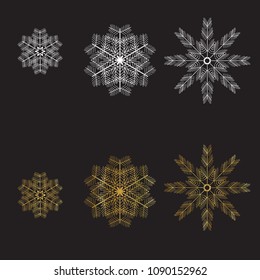 Set of Vector Snowflakes, white and gold on black background