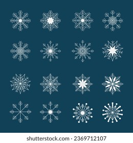Conjunto de copos de nieve vectoriales. Blanco sobre un fondo azul.
