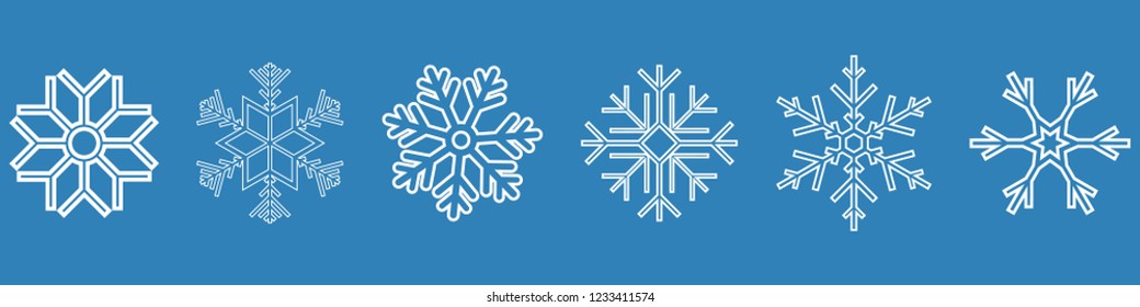 Set of vector snowflakes. Winter blue christmas snow flat crystal element. Weather illustration ice collection