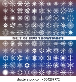 Set of the vector snowflakes.100 winter decorations
