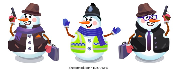 Set of vector snowman of different professions