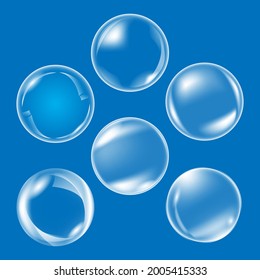 Reihe von Vectorseife-Wasserblasen, durchsichtige, isolierte Design-Elemente, Luftblasen aus Wasser,