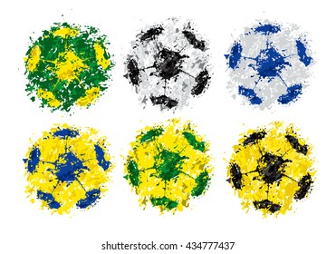 Set vector soccer ball, blue, yellow, green, black, grunge style, grunge background
