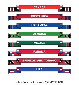 Set of vector soccer scarves in the national colors of the states of Central and North America. Sport illustration.