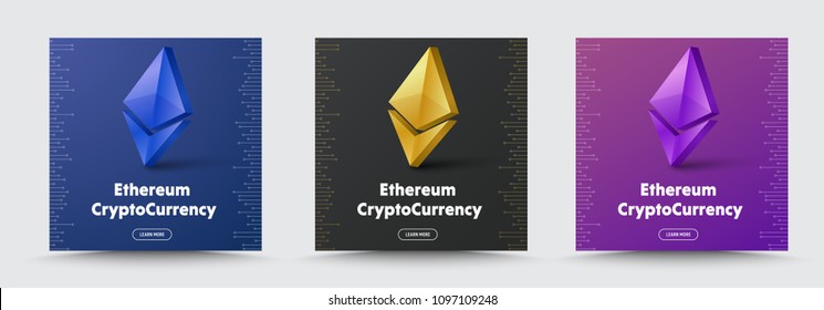 set of Vector social media banners with a 3D coin  crypto currency Ethereum icon. Design square black, purple and blue for the web.
