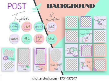 Set of the vector social media banners, including post background, stories template, hightlights. Mockup with pazzle style, newborn objects, bright pink and blue colors.