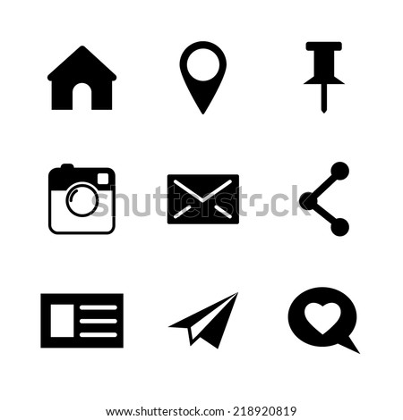 Set of vector social network icons isolated on white - camera, instagram, pin, link, mail, home, point for web design