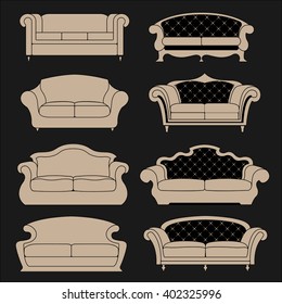 Set of vector sofa furniture flat icons. Symbol isolated on black background