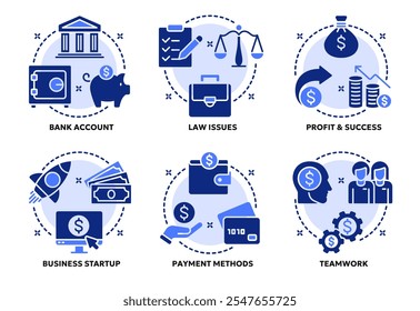 Set of vector solid concepts related to business and finance, banking, payment, teamwork. Symbols for website or app ui, logo design, illustration