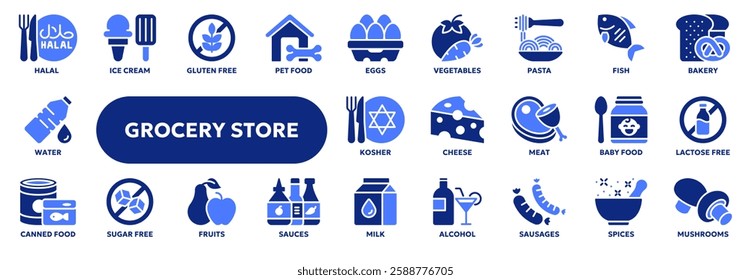 Set of vector solid icons of grocery store food items such as meat, milk, seafood, bread and others. Symbols for website or app ui, logo design, illustration