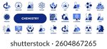 Set of vector solid icons related to science, chemical laboratory equipment, biology and biochemistry. Symbols for website or app UI, logo design, illustration