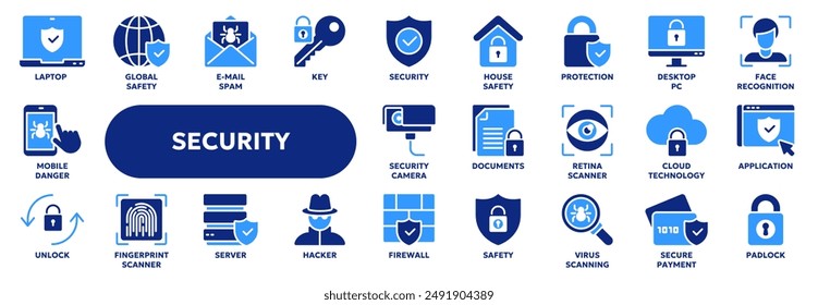 Conjunto de iconos sólidos de Vector relacionados con la seguridad, la seguridad, la protección. Símbolos para Sitio web o App ui, diseño de logotipo, ilustración