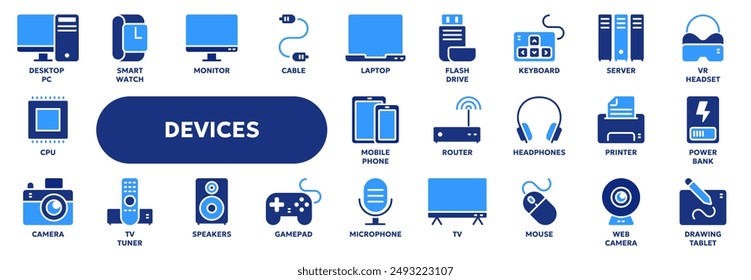 Set of vector solid icons related to technology, computer devices, electronic equipment. Symbols for website or app ui, logo design, illustration