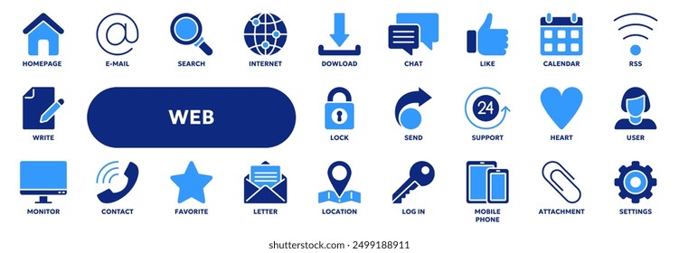 Set of vector solid icons related to web and internet, social media, communication and contact. Symbols for website or app ui, logo design, illustration