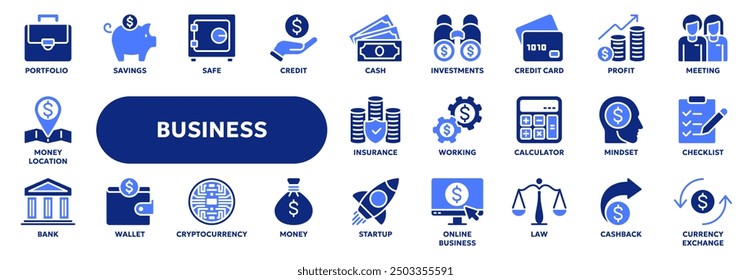 Set of vector solid icons related to business management, finance, money. Symbols for website or app ui, logo design, illustration