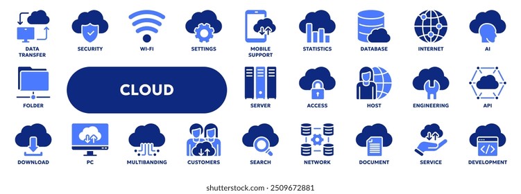 Set of vector solid icons related to cloud computing technology and web file storage. Symbols for website or app ui, logo design, illustration