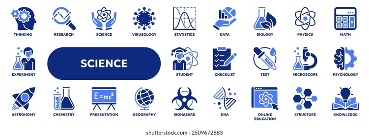 Conjunto de ícones sólidos vetoriais relacionados ao equipamento de laboratório de ciência, química e medicina. Símbolos para a interface do usuário do site ou do aplicativo, design do logotipo, ilustração