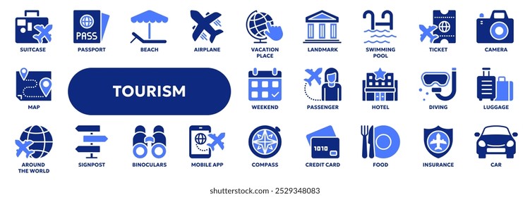 Set of vector solid icons related to tourism, summer vacation, airplane travel. Symbols for website or app ui, logo design, illustration