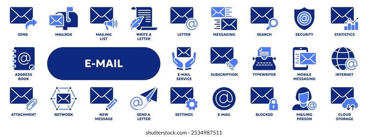 Conjunto de ícones sólidos vetoriais relacionados a e-mail, mensagens e comunicação, serviço postal. Símbolos para a interface do usuário do site ou do aplicativo, design do logotipo, ilustração