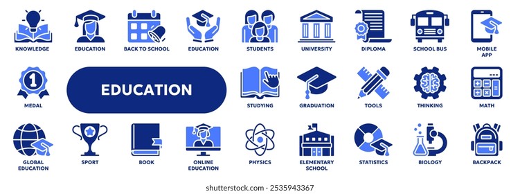 Set of vector solid icons related to online education, school and university lessons, webinar. Symbols for website or app ui, logo design, illustration