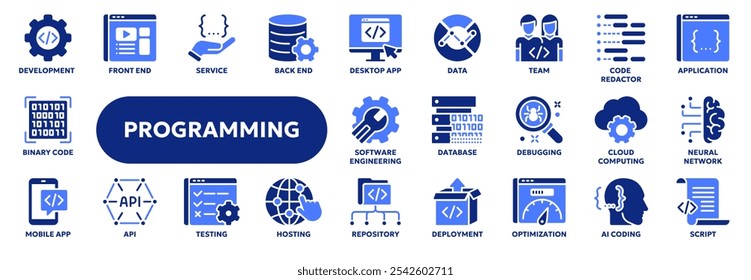 Conjunto de ícones sólidos vetoriais relacionados à programação e codificação, desenvolvimento de aplicativos móveis e de desktop, engenharia de software. Símbolos para a interface do usuário do site ou do aplicativo, design do logotipo, ilustração