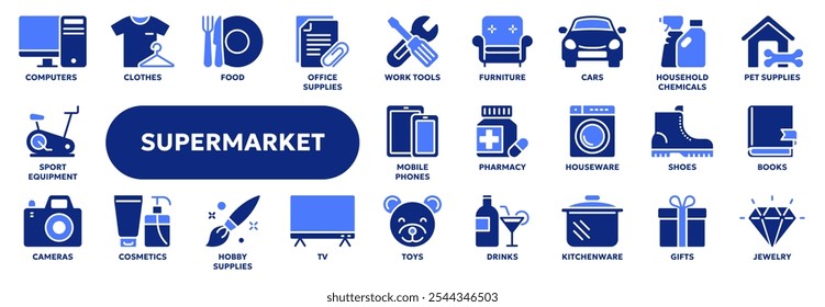 Set of vector solid icons related to supermarket product categories, retail, e-commerce and shopping. Symbols for website or app ui, logo design, illustration