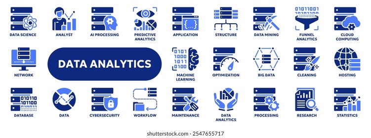 Set of vector solid icons related to data analytics and statistics, big data technology, ai and machine learning. Symbols for website or app ui, logo design, illustration