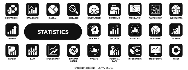 Set of vector solid icons related to statistics, data analysis, infographic. Symbols for website or app ui, logo design, illustration