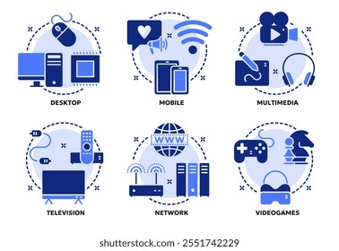 Set of vector solid icons related to computer and mobile technology, multimedia, internet network. Symbols for website or app ui, logo design, illustration