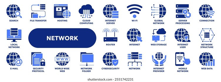 Set of vector solid icons related to computer network, internet and cloud computing, wireless technology. Symbols for website or app ui, logo design, illustration