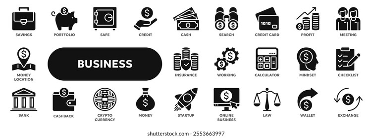 Set of vector solid icons related to business management, finance, money. Symbols for website or app ui, logo design, illustration