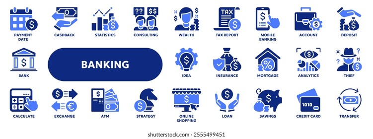 Set of vector solid icons related to banking and finance, money management, payment. Symbols for web or app ui, logo design, illustration