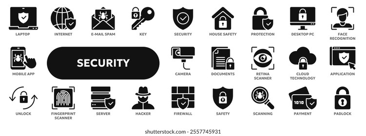 Set of vector solid icons related to cybersecurity, personal information protection, private data safety. Symbols for website or app ui, logo design, illustration