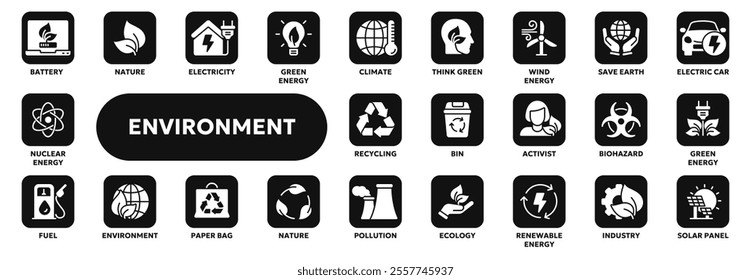 Set of vector solid icons related to ecology and pollution, environment care, alternative energy. Symbols for website or app ui, logo design, illustration