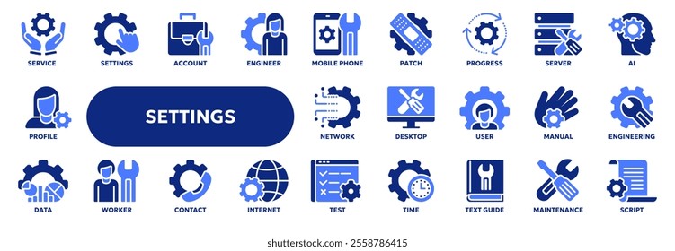 Set of vector solid icons related to application settings setup, repair service, construction industry. Symbols for website or app ui, logo design, illustration