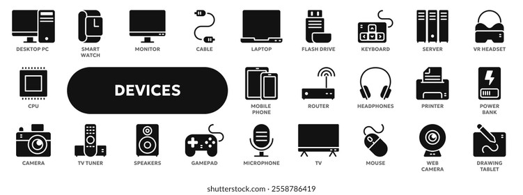 Set of vector solid icons related to technology, computer devices, electronic equipment. Symbols for website or app ui, logo design, illustration