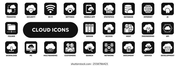 Set of vector solid icons related to cloud computing technology and web file storage. Symbols for website or app ui, logo design, illustration