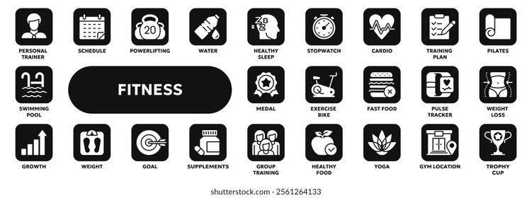 Set of vector solid icons related to fitness and sport, healthy nutrition, gym exercises. Symbols for website or app ui, logo design, illustration