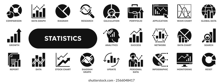 Set of vector solid icons related to statistics, data analysis, infographic. Symbols for website or app ui, logo design, illustration