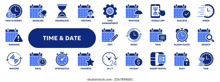 Set of vector solid icons related to time management, productivity and efficiency, calendar date schedule. Symbols for website or app ui, logo design, illustration