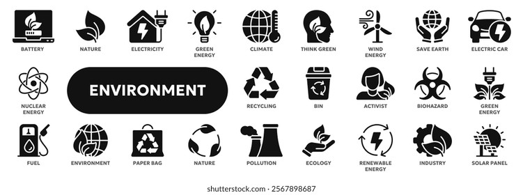 Set of vector solid icons related to ecology and pollution, environment care, alternative energy. Symbols for website or app ui, logo design, illustration