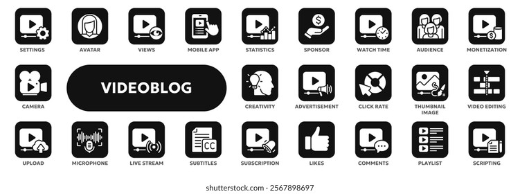 Set of vector solid icons related to video blogging, video content making and editing, advertisement. Symbols for website or app ui, logo design, illustration