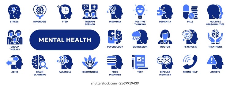 Set of vector solid icons related to mental health therapy, psychology, depression and anxiety. Symbols for website or app ui, logo design, illustration